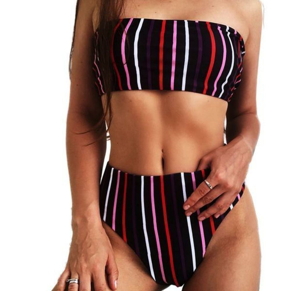 Striped Bandeau High-Waist Bikini Set - Black with Pink & Red Stripes